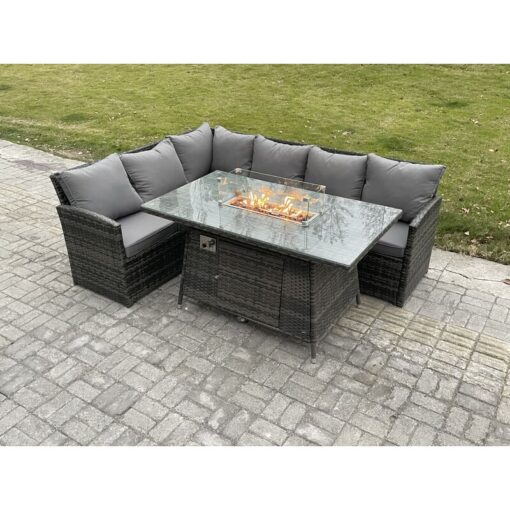 Fimous - Rattan Garden Furniture High Back Corner Sofa Gas Fire Pit Dining Table Sets Gas Heater 6 Seater Dark Grey Mixed