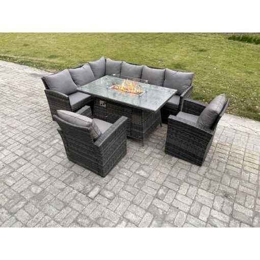 Fimous - Rattan Garden Furniture High Back Corner Sofa Gas Fire Pit Dining Table Sets Gas Heater with 2 Armchairs 8 Seater Dark Grey Mixed