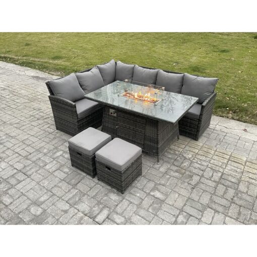 Fimous - Rattan Garden Furniture High Back Corner Sofa Gas Fire Pit Dining Table Sets Gas Heater with 2 Small Footstools 8 Seater Dark Grey Mixed