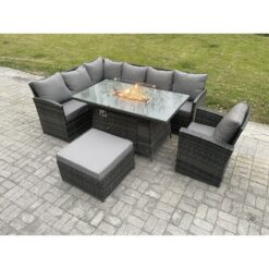 Fimous - Rattan Garden Furniture High Back Corner Sofa Gas Fire Pit Dining Table Sets Gas Heater with Armchair Big Footstool 8 Seater Dark Grey Mixed