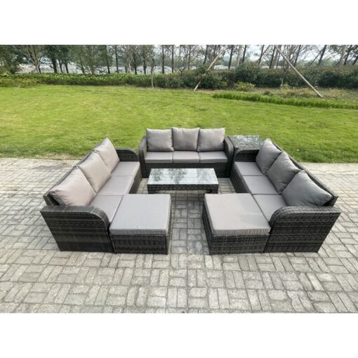 Fimous - Rattan Garden Furniture Set 11 Seater Indoor Outdoor Patio Sofa Set with Coffee Table 2 Big Footstool Side Tables Dark Grey Mixed