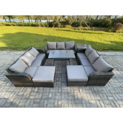 Fimous Rattan Garden Furniture Set 11 Seater Patio Outdoor Lounge Sofa Set with Side Table Rectangular Dining Table 2 Big Footstool Dark Grey Mixed