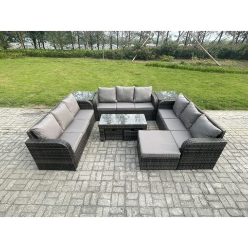 Fimous - Rattan Garden Furniture Set 12 Seater Indoor Outdoor Patio Sofa Set with Coffee Table 3 Footstools 2 Side Tables Dark Grey Mixed