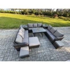 Fimous Rattan Garden Furniture Set 12 Seater Patio Outdoor Lounge Sofa Set with 2 Side Tables Rectangular Dining Table 3 Footstools Dark Grey Mixed