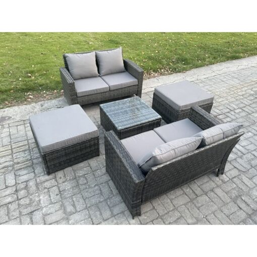 Fimous Rattan Garden Furniture Set 5 piece Patio Rattan Furniture Sofa Weaving Wicker includes 2 Double Seat Sofa, Coffee Table and 2 Big Footstool