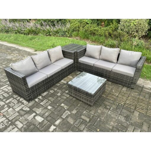 Fimous - Rattan Garden Furniture Set 6 Seater Patio Outdoor Lounge Sofa Set with Side Table Square Coffee Table Dark Grey Mixed