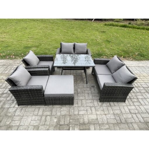 Fimous Rattan Garden Furniture Set 7 Seater Patio Outdoor Lounge Sofa Set with Rectangular Dining Table Love Seat Sofa Dark Grey Mixed