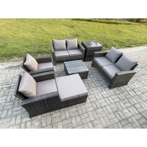 Fimous Rattan Garden Furniture Set 7 Seater Patio Outdoor Lounge Sofa Set with Square Coffee Table Double Seat Sofa Side Table Big Footstool Dark