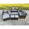 Fimous Rattan Garden Furniture Set 8 Seater Patio Outdoor Lounge Sofa Chair Set with Rectangular Coffee Table 3 Footstools Dark Grey Mixed