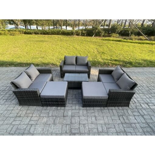 Fimous - Rattan Garden Furniture Set 8 Seater Patio Outdoor Lounge Sofa Set with Rectangular Coffee Table 2 Big Footstool Dark Grey Mixed