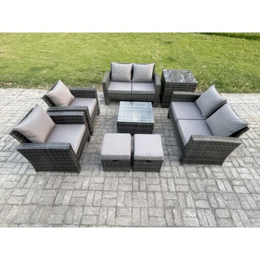 Fimous Rattan Garden Furniture Set 8 Seater Patio Outdoor Lounge Sofa Set with Square Coffee Table Double Seat Sofa Side Table 2 Small Footstools