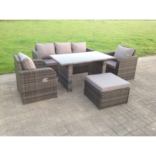 Fimous - Rattan Garden Furniture Set Adjustable Chair Sofa Lounge 3 Seater Sofa Rectangular Dining Black Glass Table Footstool