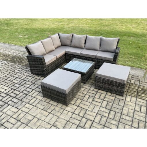 Fimous - Rattan Garden Furniture Set Outdoor Lounge Corner Sofa Set With Square Coffee Table 2 Big Footstool 8 Seater Dark Grey Mixed