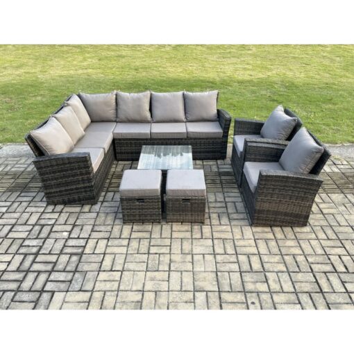 Fimous - Rattan Garden Furniture Set Outdoor Lounge Corner Sofa Set With Square Coffee Table 2 Small Footstools Armchair 10 Seater Dark Grey Mixed