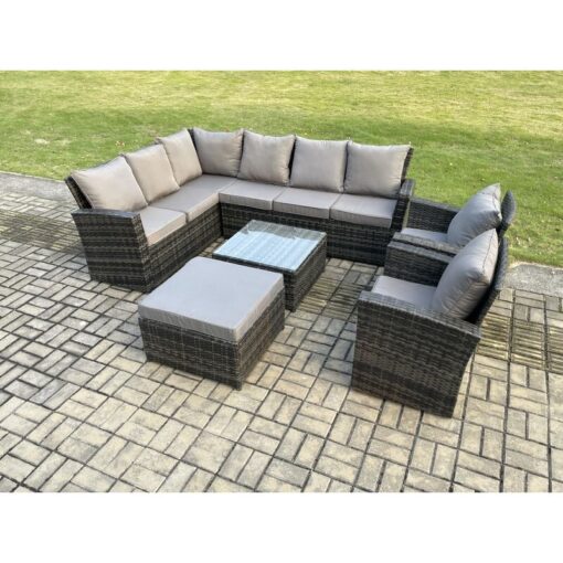 Fimous - Rattan Garden Furniture Set Outdoor Lounge Corner Sofa Set With Square Coffee Table Big Footstool 2 Armchairs 9 Seater Dark Grey Mixed