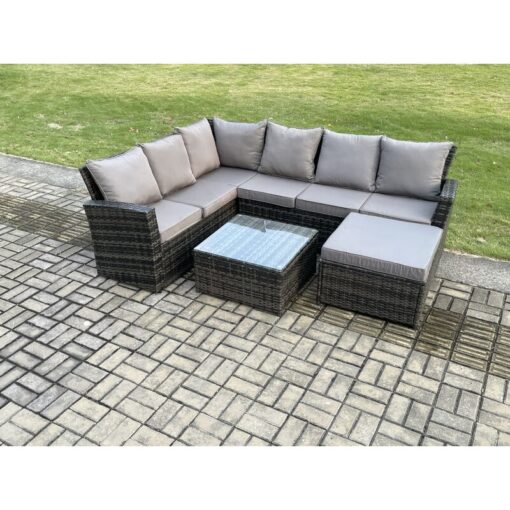 Fimous - Rattan Garden Furniture Set Outdoor Lounge Corner Sofa Set With Square Coffee Table Big Footstool 7 Seater Dark Grey Mixed