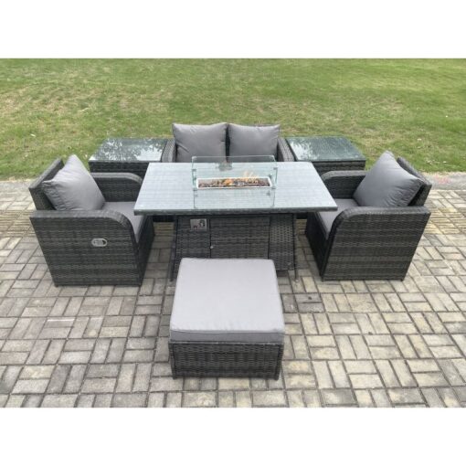 Fimous - Rattan Garden Furniture Set Outdoor Patio Gas Fire Pit Dining Table and Chairs with 2 Side Tables Love seat Sofa Footstool