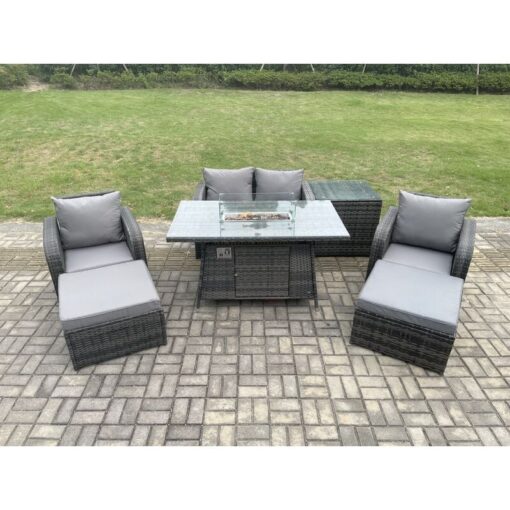 Fimous - Rattan Garden Furniture Set Outdoor Patio Gas Fire Pit Dining Table and Chairs with Love seat Sofa 2 Footstools Side Table