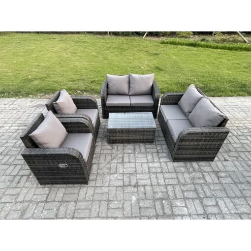 Fimous - Rattan Garden Furniture Set Patio Outdoor Lounge Sofa Set with 2 Reclining Chairs Rectangular Coffee Table Dark Grey Mixed