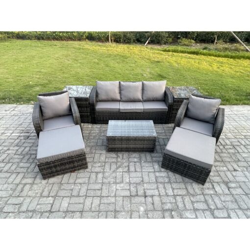 Fimous Rattan Garden Furniture Set Patio Outdoor Lounge Sofa Set with Rectangular Coffee Table 2 Big Footstool 3 Seater Sofa 2 Side Tables Dark Grey