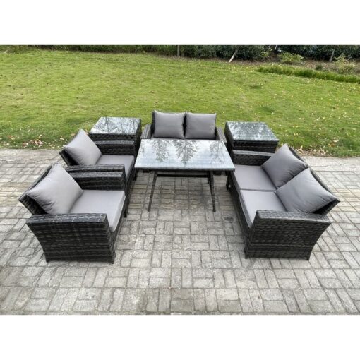 Fimous - Rattan Garden Furniture Set Patio Outdoor Lounge Sofa Set with Rectangular Dining Table Love Seat Sofa 2 Side Tables Dark Grey Mixed