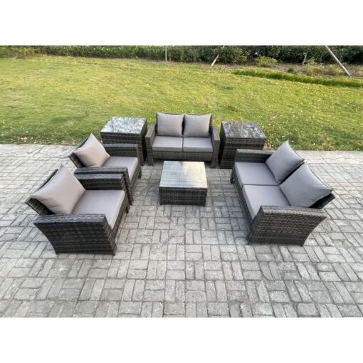 Fimous Rattan Garden Furniture Set Patio Outdoor Lounge Sofa Set with Square Coffee Table Double Seat Sofa 2 Side Tables Dark Grey Mixed