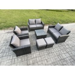 Fimous Rattan Garden Furniture Set Patio Outdoor Lounge Sofa Set with Square Coffee Table Double Seat Sofa 2 Small Footstools Dark Grey Mixed