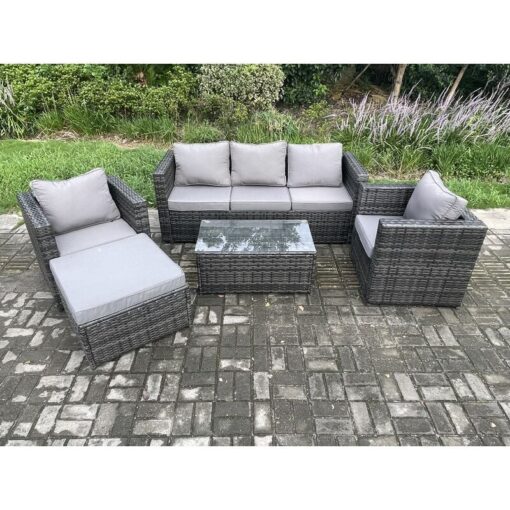 Fimous - Rattan Garden Furniture Set with 3 Seater Sofa Coffee Table 2 Armchairs Big Footstool Indoor Outdoor Patio Lounge Sofa Set Dark Grey Mixed