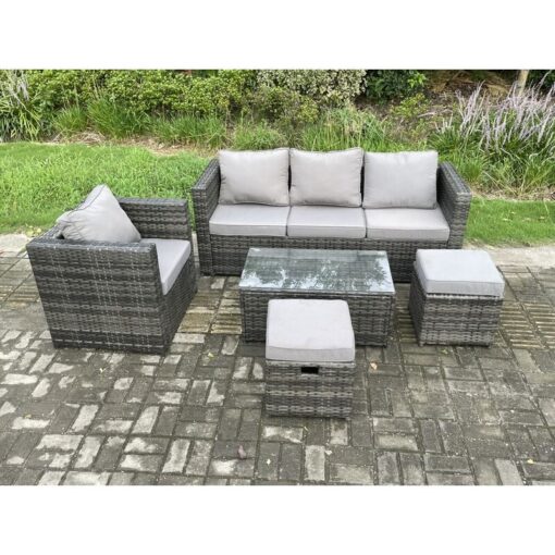 Fimous - Rattan Garden Furniture Set with 3 Seater Sofa Coffee Table Armchair 2 Small Footstools Indoor Outdoor Patio Lounge Sofa Set Dark Grey Mixed