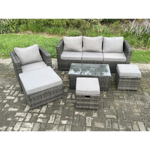 Fimous - Rattan Garden Furniture Set with 3 Seater Sofa Coffee Table Armchair 3 Footstools Indoor Outdoor Patio Lounge Sofa Set Dark Grey Mixed