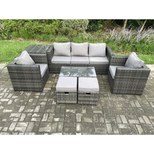 Fimous Rattan Garden Furniture Set with 3 Seater Sofa Coffee Table Side Table 2 Armchairs 2 Small Footstools Indoor Outdoor Patio Lounge Sofa Set