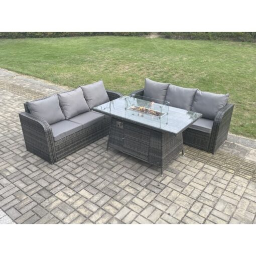 Fimous Rattan Garden Furniture Set with Fire Pit Table 3 Pieces Outdoor Lounge Sofa Set Dark Grey Mixed