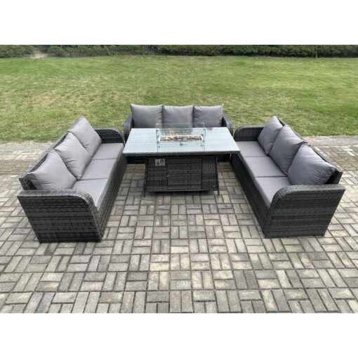 Fimous - Rattan Garden Furniture Set with Fire Pit Table 4 Pieces Outdoor Lounge Sofa Set Dark Grey Mixed