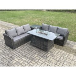 Fimous - Rattan Garden Furniture Set with Fire Pit Table 4 Pieces Outdoor Patio Lounge Sofa Set Dark Grey Mixed