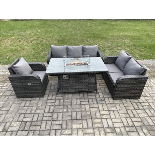 Fimous Rattan Garden Furniture Set with Fire Pit Table 6 Seater Outdoor Lounge Sofa Set Dark Grey Mixed