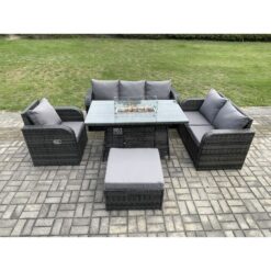 Fimous Rattan Garden Furniture Set with Fire Pit Table 7 Seater Outdoor Lounge Sofa Set Dark Grey Mixed