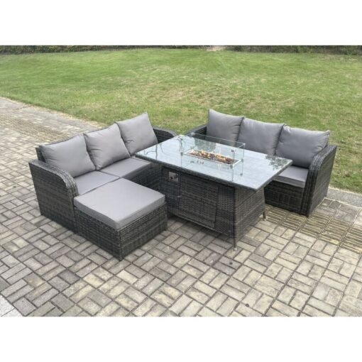 Fimous - Rattan Garden Furniture Set with Fire Pit Table 7 Seater Outdoor Patio Lounge Sofa Set Dark Grey Mixed