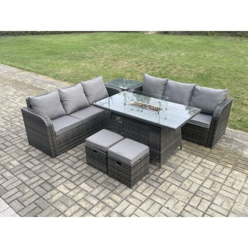 Fimous - Rattan Garden Furniture Set with Fire Pit Table 8 Seater Outdoor Patio Lounge Sofa Set Dark Grey Mixed