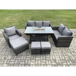 Fimous Rattan Garden Furniture Set with Fire Pit Table 9 Seater Outdoor Lounge Sofa Set Dark Grey Mixed