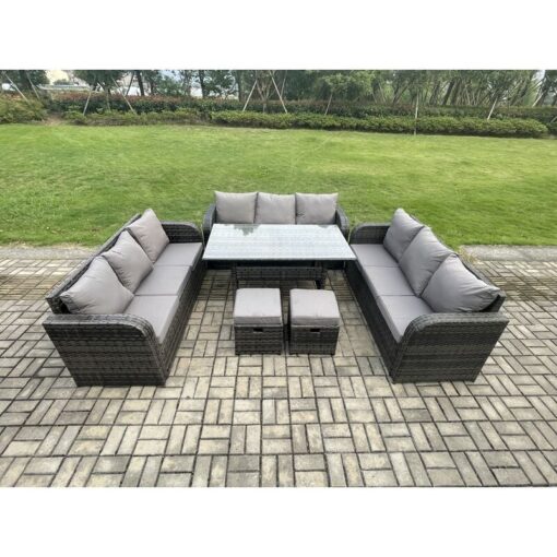 Fimous Rattan Garden Furniture Set with Oblong Rectangular Dining Table 2 Small Footstools 11 Seater Outdoor Lounge Sofa Set Dark Grey Mixed