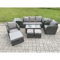 Fimous Rattan Garden Furniture Set with Rectangular Coffee Table 2 Side Tables 3 Footstools 8 Seater Patio Outdoor Lounge Sofa Set