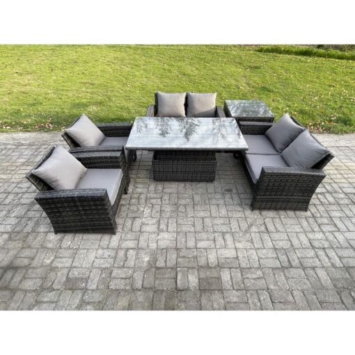 Fimous - Rattan Garden Furniture Sets 6 Seater Patio Outdoor Rising Lifting Table Sofa Set with Double Seat Sofa Side Table Dark Grey Mixed