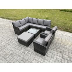 Fimous - Rattan Garden Furniture Sets High Back Corner Sofa Square Coffee Table Set with Big Footstool 2 Armchairs Dark Grey Mixed