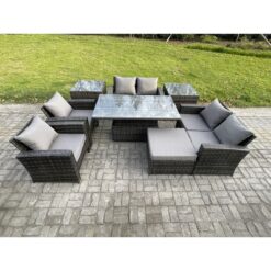 Fimous - Rattan Garden Furniture Sets Patio Outdoor Rising Lifting Table Sofa Set with Double Seat Sofa 2 Side Tables Big Footstool Dark Grey Mixed