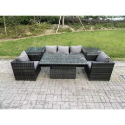 Fimous - Rattan Garden Furniture Sofa Set Outdoor Adjustable Rising Lifting Dining Table Set with 2 Armchairs 2 Side Tables Dark Grey Mixed