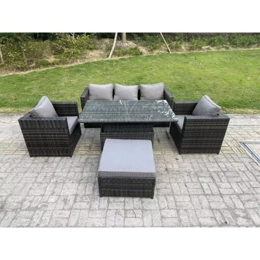 Fimous - Rattan Garden Furniture Sofa Set Outdoor Adjustable Rising Lifting Dining Table Set with 2 Armchairs Big Footstool Dark Grey Mixed