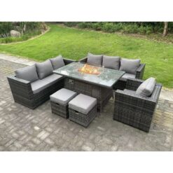 Fimous - Rattan Garden Furniture Sofa Set Outdoor Patio Gas Fire Pit Dining Table Gas Heater Burner With Armchair 2 Small Stools 9 Seater Dark Grey