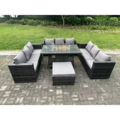 Fimous - Rattan Garden Furniture Sofa Set Outdoor Patio Gas Fire Pit Dining Table Gas Heater Burner With Big Footstool 10 Seater Dark Grey Mixed