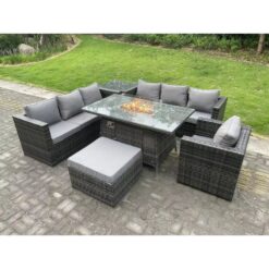 Fimous - Rattan Garden Furniture Sofa Set Outdoor Patio Gas Fire Pit Dining Table Gas Heater Burner With Side Table Armchair Big Footstool 8 Seater