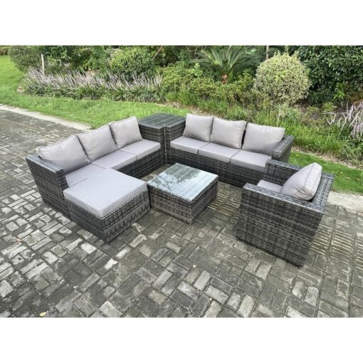 Fimous - Rattan Garden Furniture Sofa Set with Armchair Side Table Square Coffee Table Big Footstool Indoor Side Table Outdoor 8 Seater Rattan Set